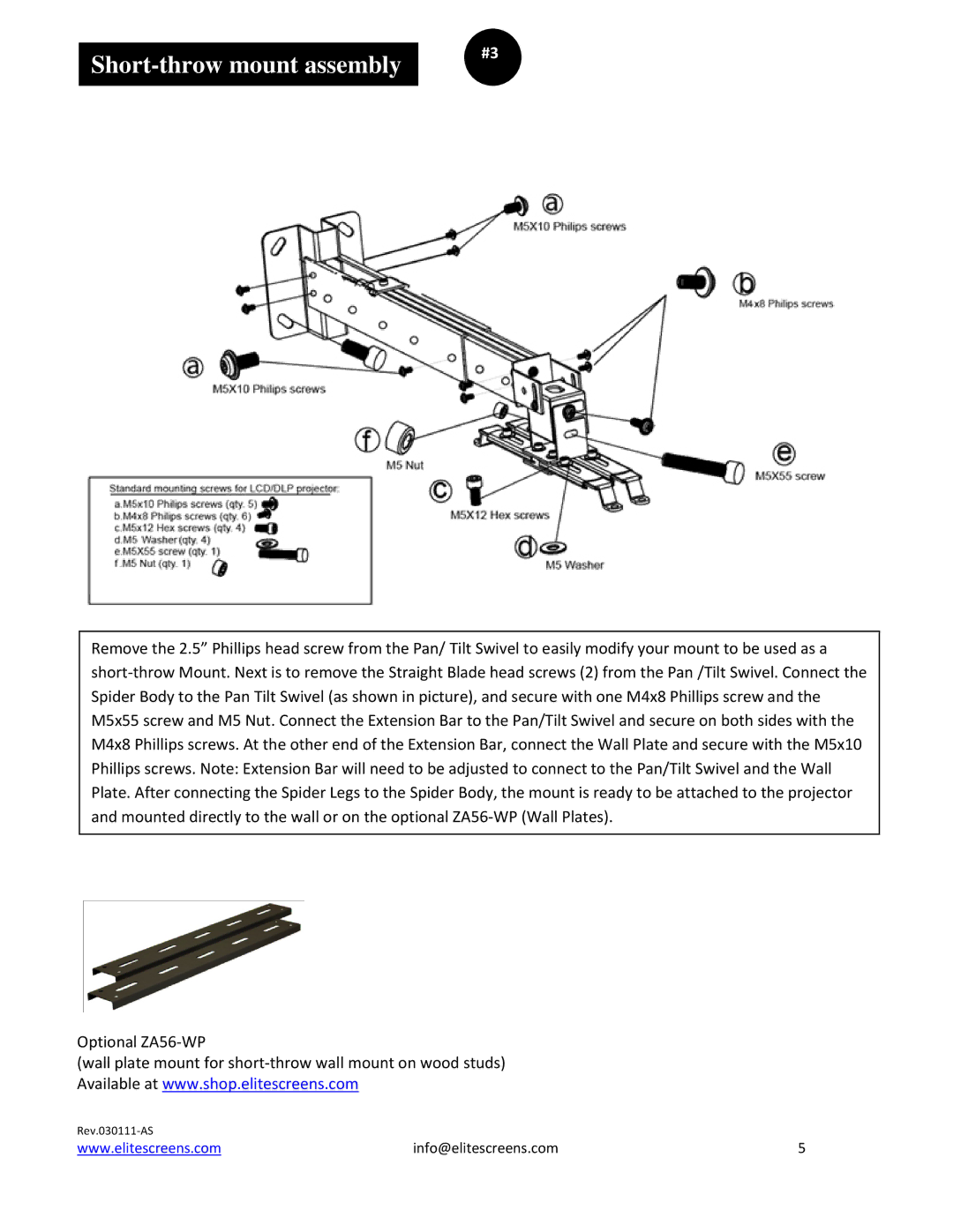 Elite Screens A56-E25B2 manual Short-throw mount assembly 