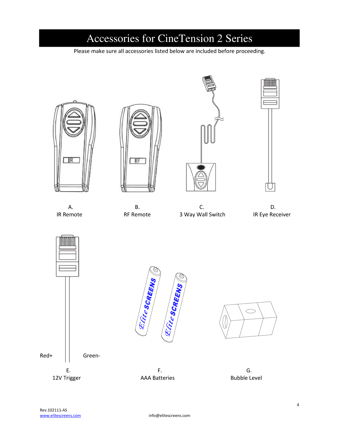 Elite Screens manual Accessories for CineTension 2 Series 