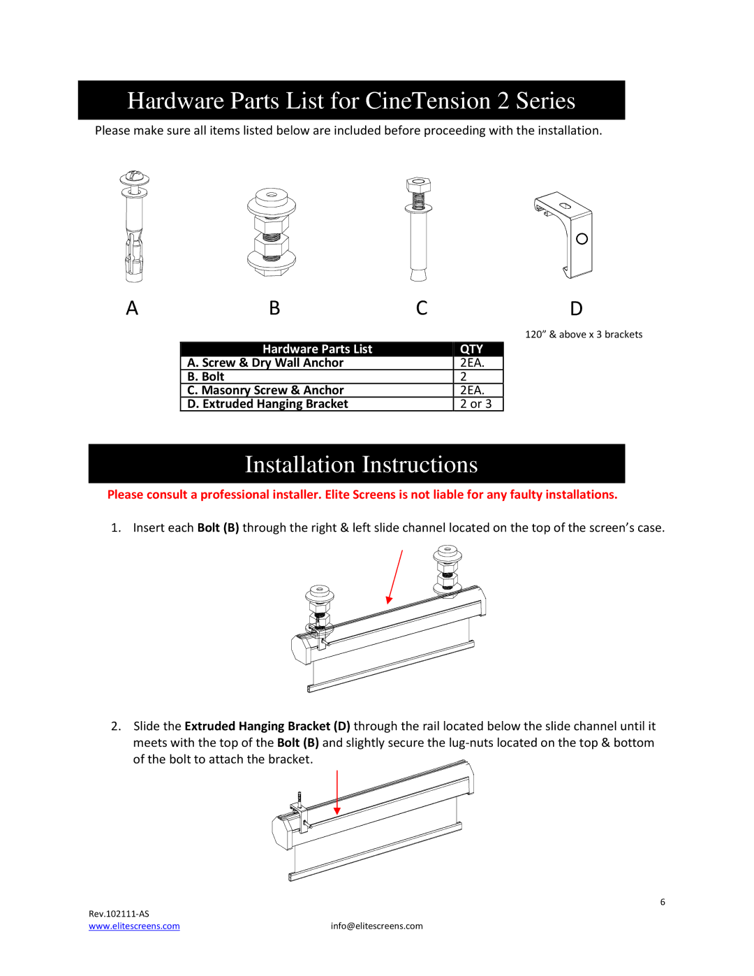 Elite Screens manual Hardware Parts List for CineTension 2 Series, Installation Instructions 