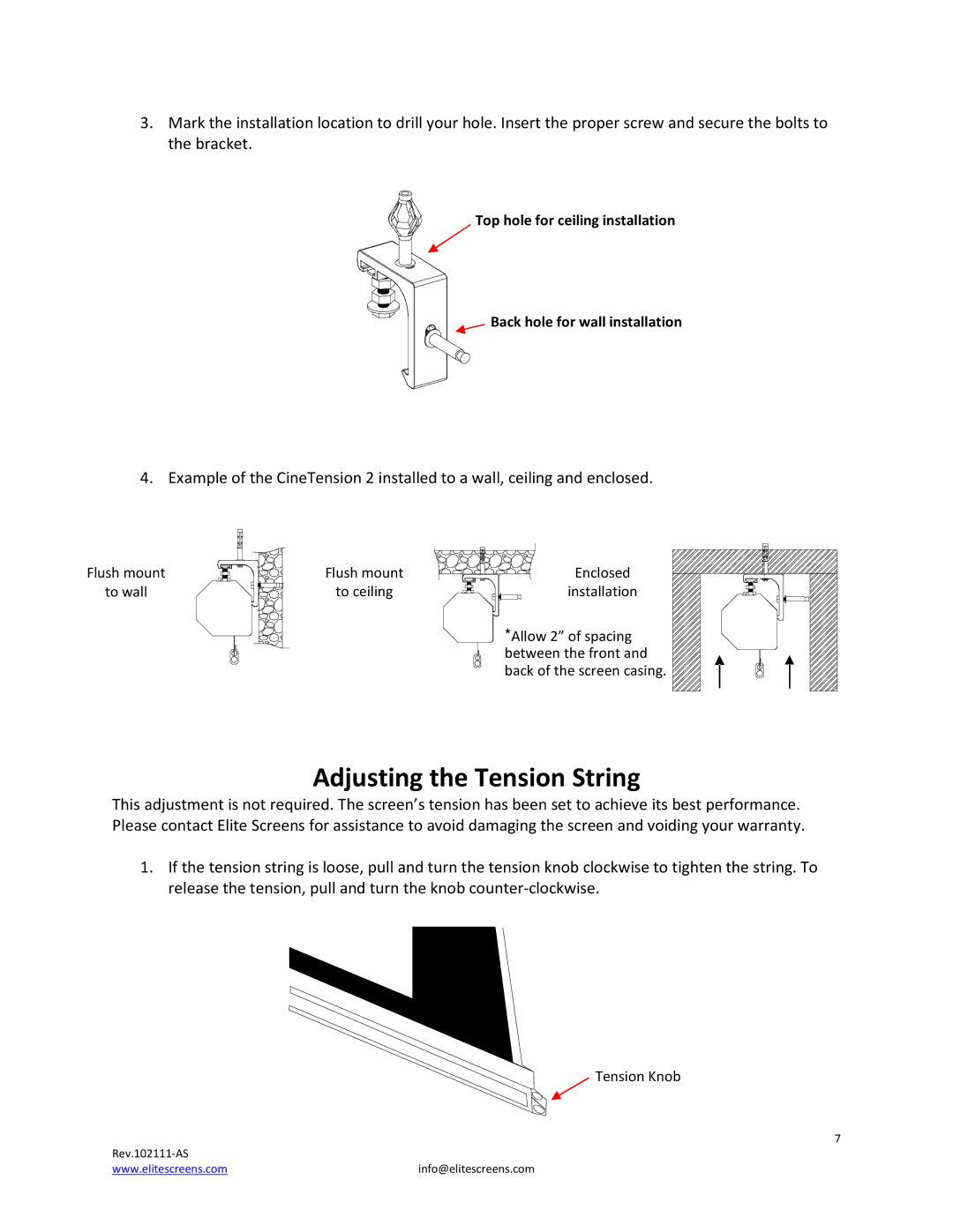 Elite Screens CineTension 2 manual Adjusting the Tension String 