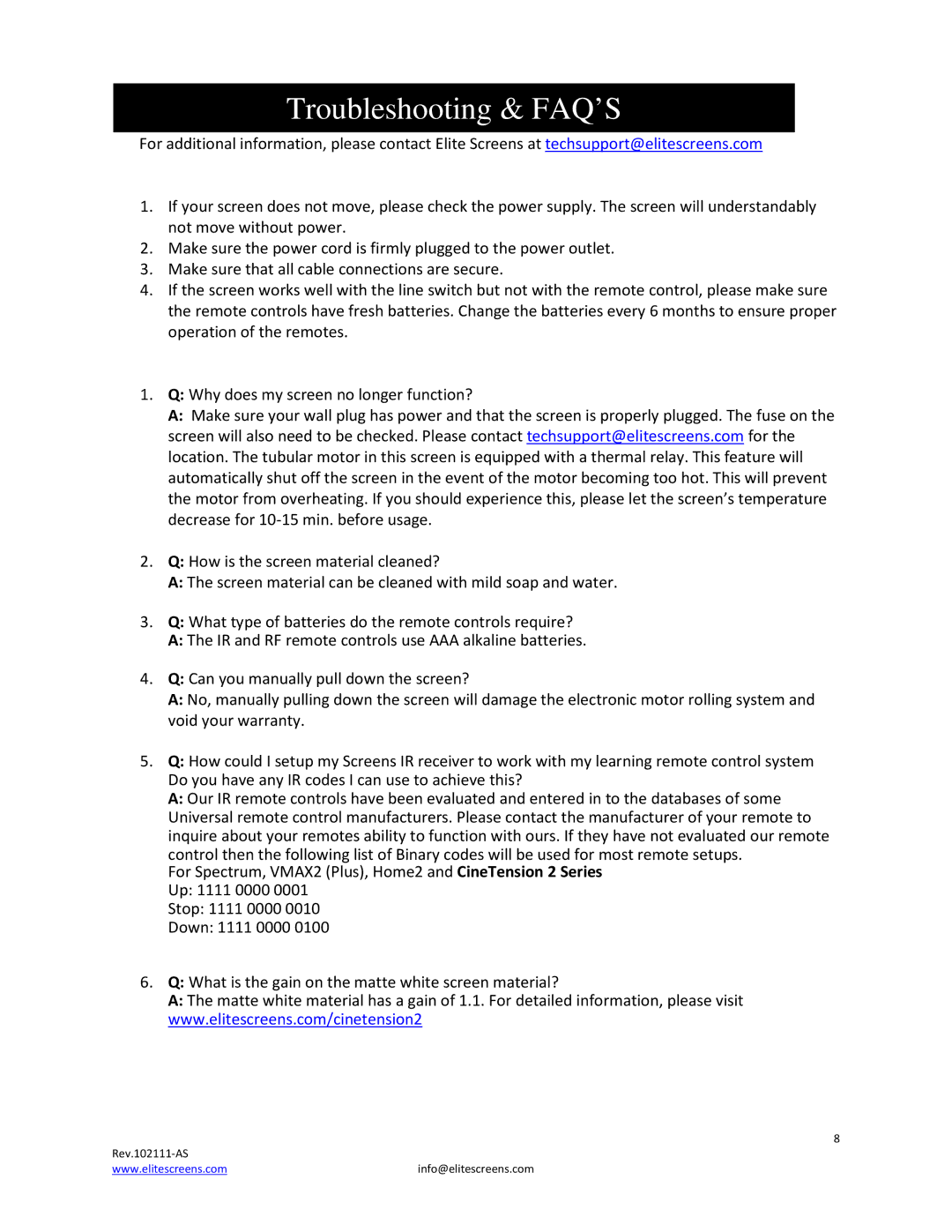 Elite Screens CineTension 2 manual Troubleshooting & FAQ’S 