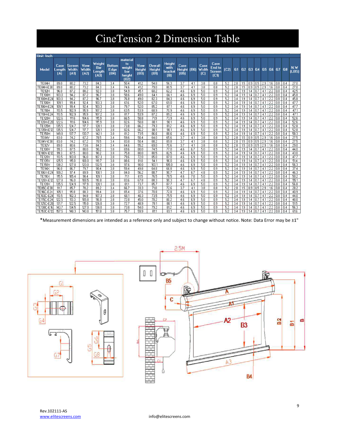 Elite Screens manual CineTension 2 Dimension Table 