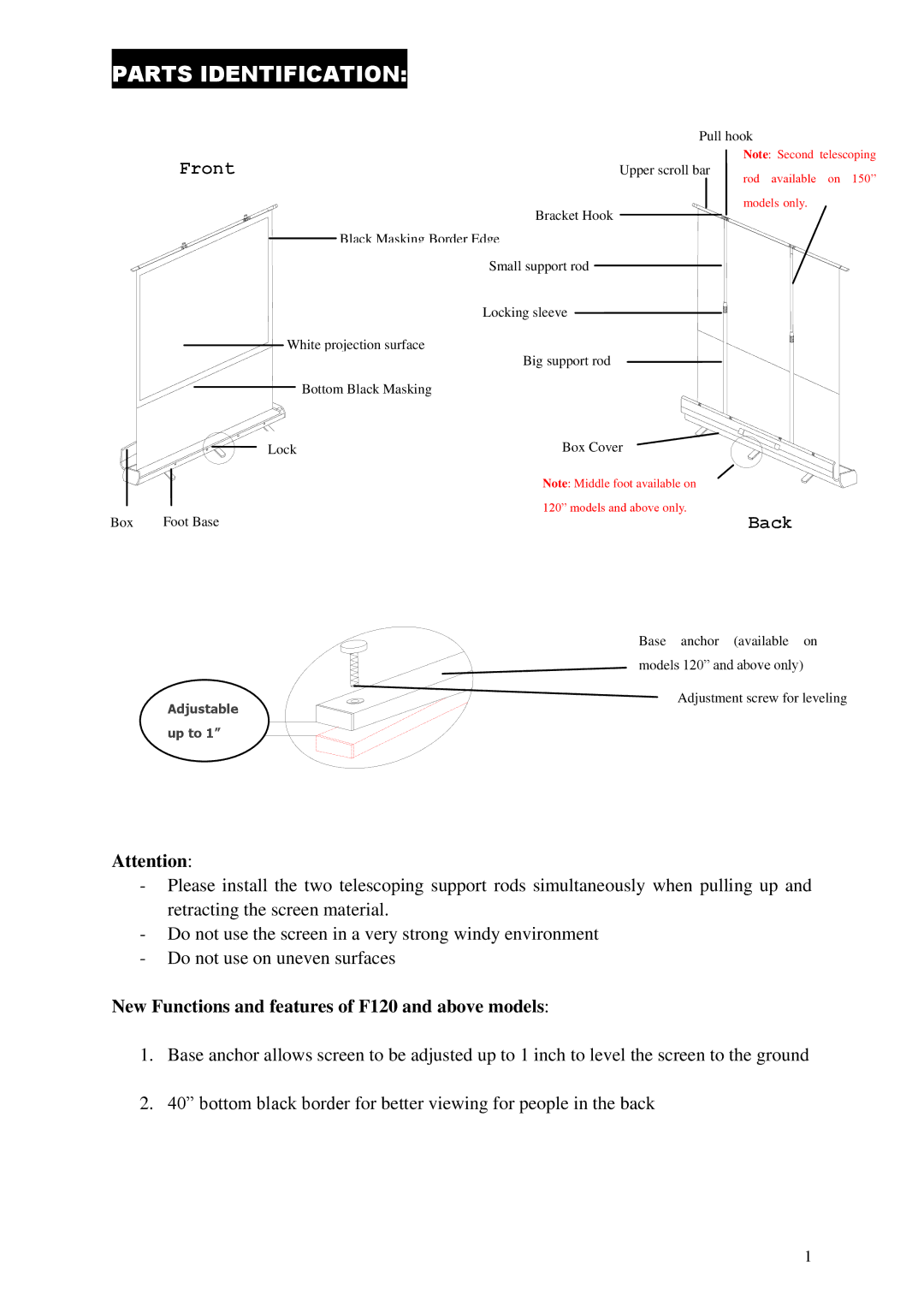 Elite Screens exCinema manual Parts Identification, New Functions and features of F120 and above models 