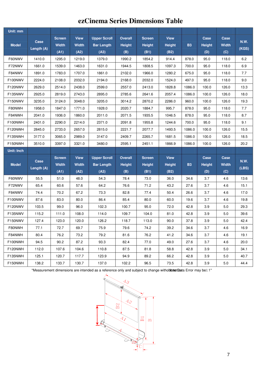 Elite Screens exCinema manual EzCinema Series Dimensions Table 