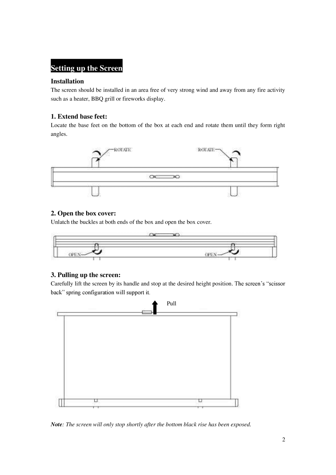 Elite Screens ezCinema Plus manual Setting up the Screen, Installation, Extend base feet, Open the box cover 