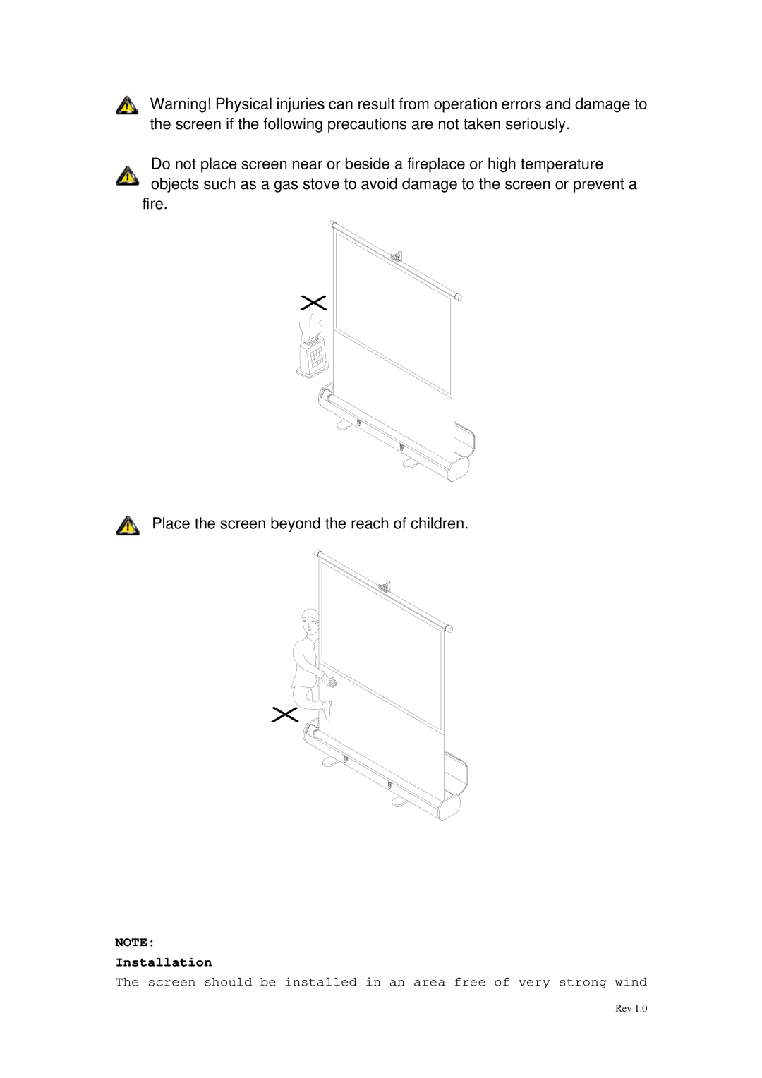 Elite Screens F84XWV1, F84XCH1, F68XWS1, F74XCH1, F60XWV1 manual Place the screen beyond the reach of children, Installation 