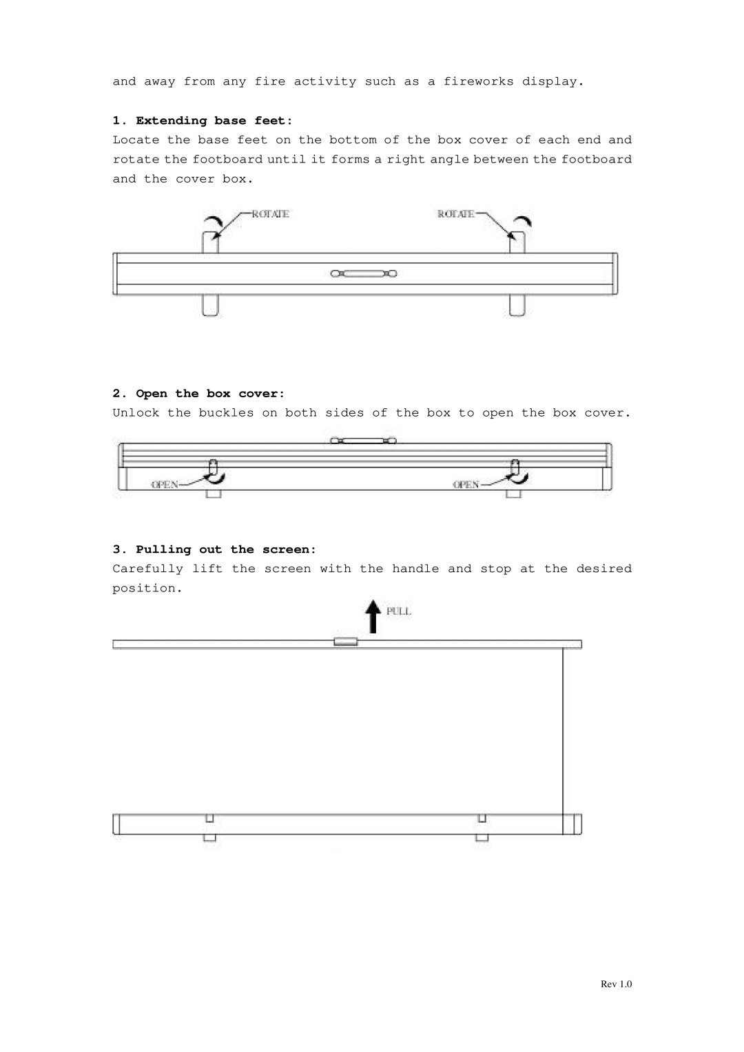 Elite Screens F74XCH1, F84XCH1, F68XWS1, F84XWV1, F60XWV1 Extending base feet, Open the box cover, Pulling out the screen 