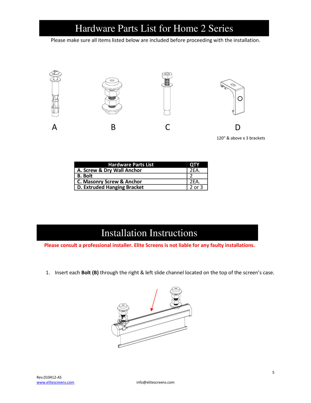 Elite Screens Home2 manual Hardware Parts List for Home 2 Series, Installation Instructions 