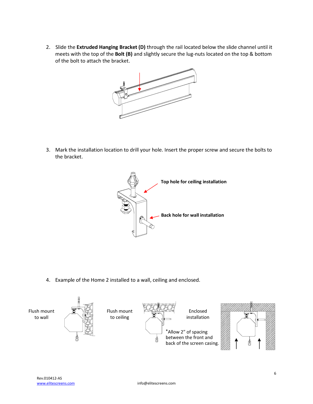 Elite Screens Home2 manual Flush mount To wall To ceiling 