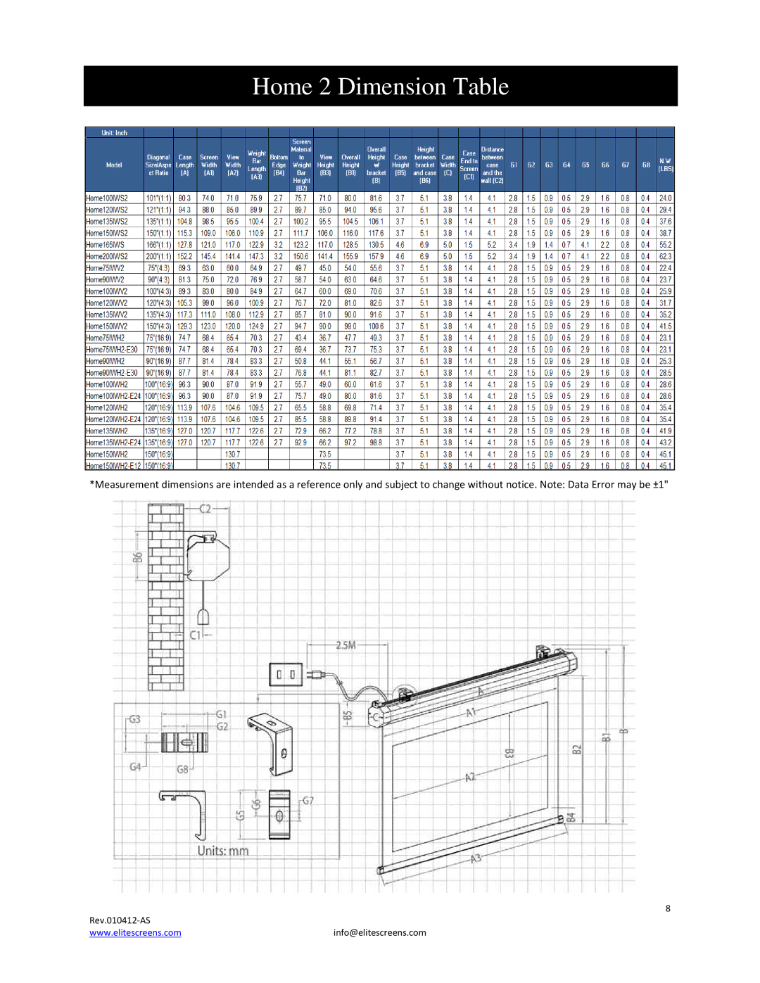 Elite Screens Home2 manual Home 2 Dimension Table 