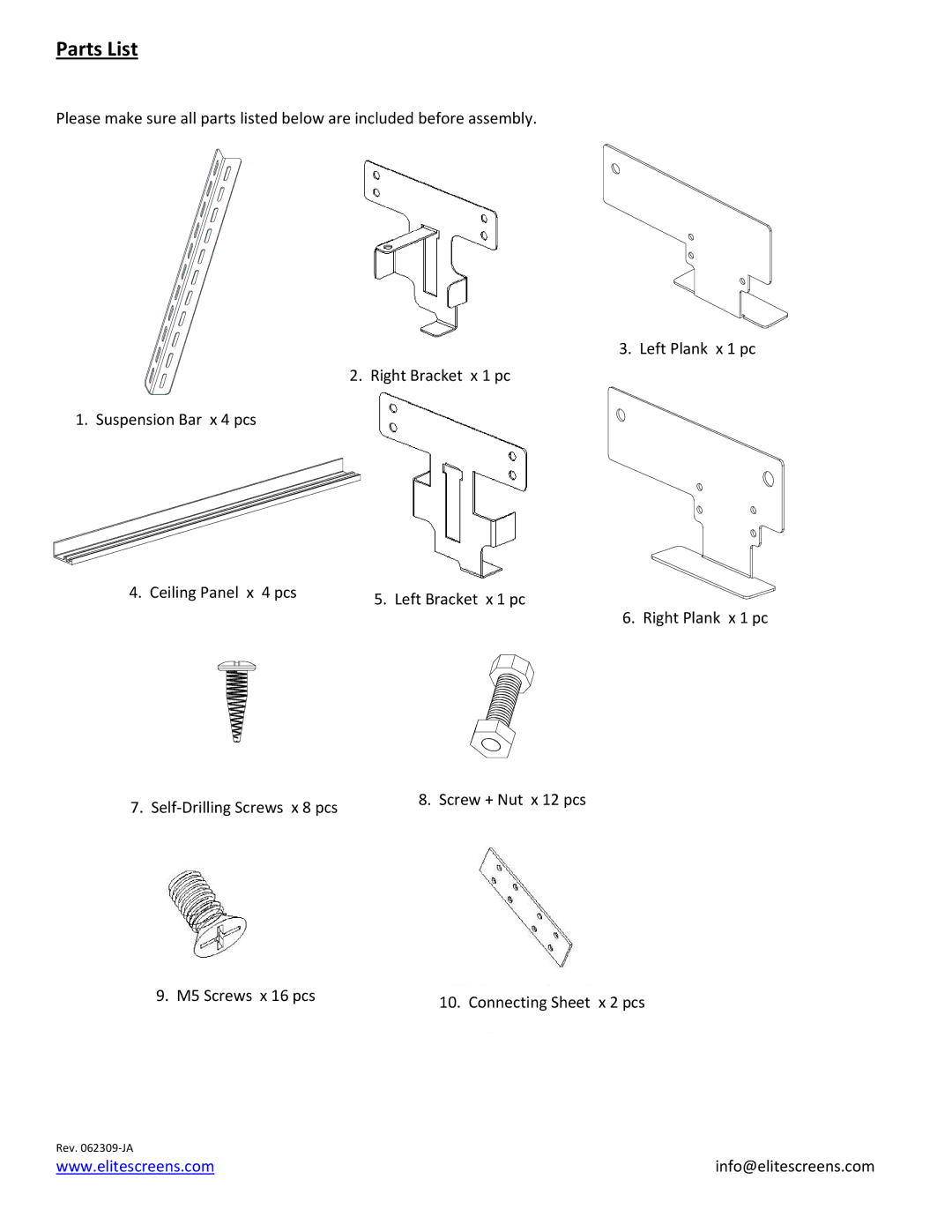 Elite Screens HQ7160 manual Parts List 