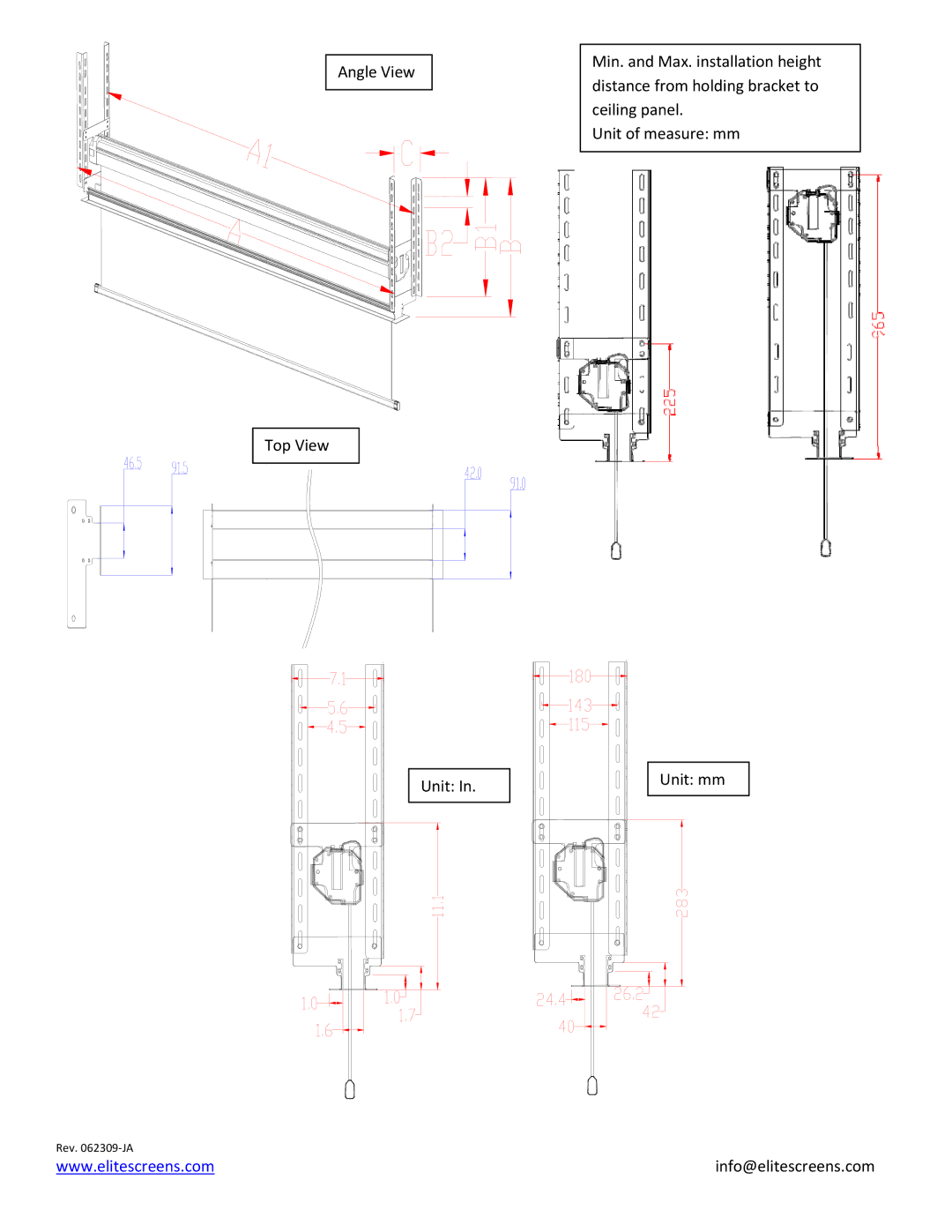 Elite Screens HQ7160 manual Angle View Top View Unit 