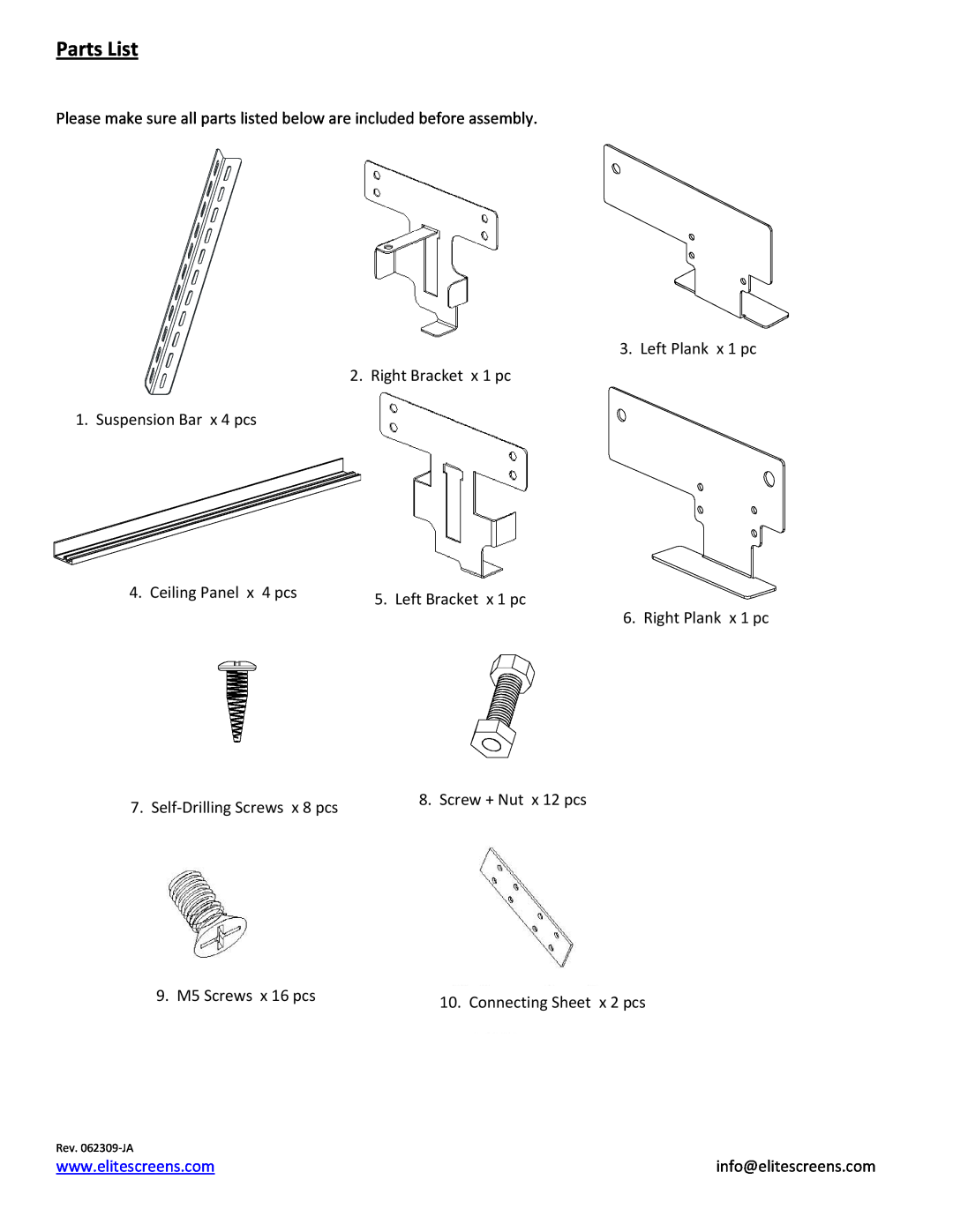 Elite Screens HQ7160 manual Parts List 