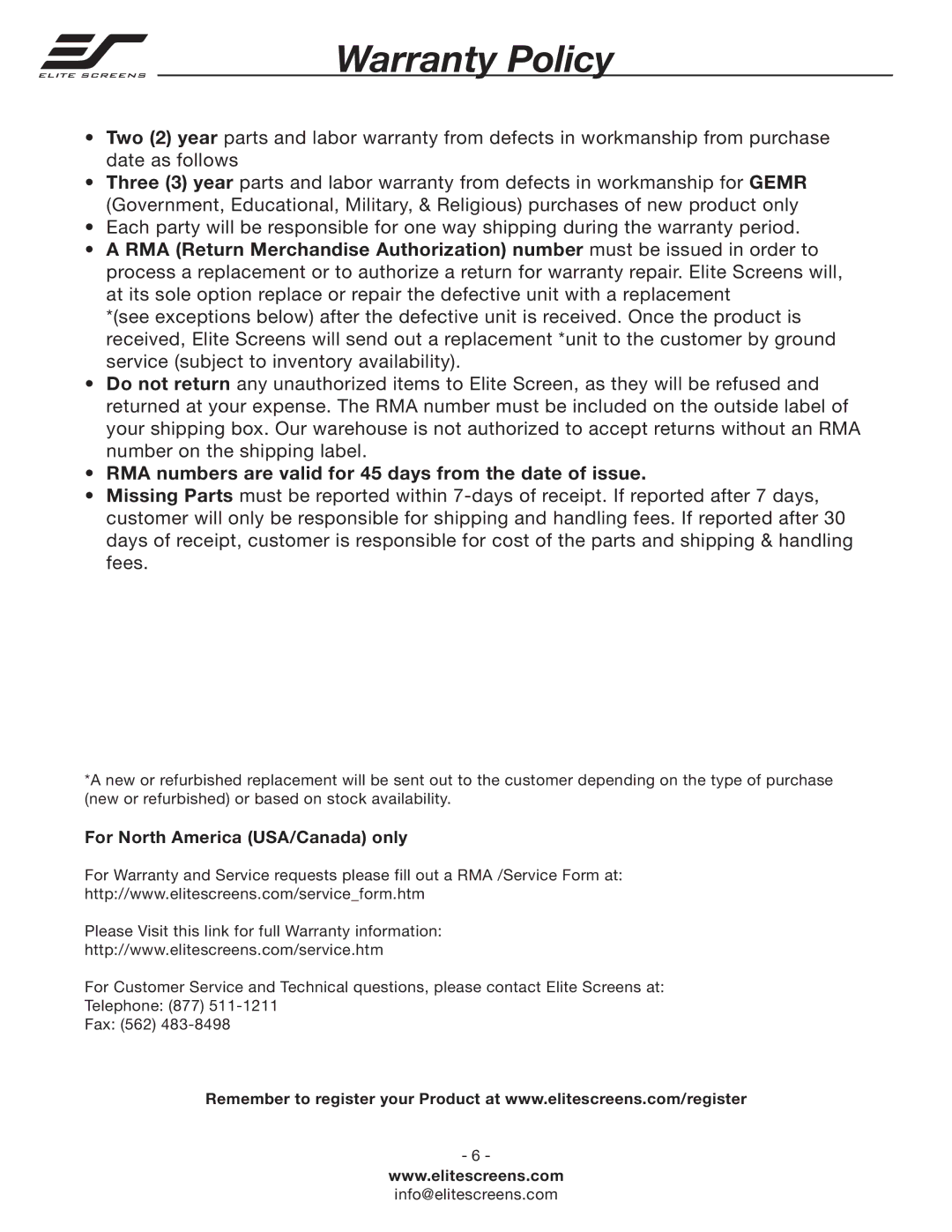 Elite Screens Insta-DE manual Warranty Policy, RMA numbers are valid for 45 days from the date of issue 