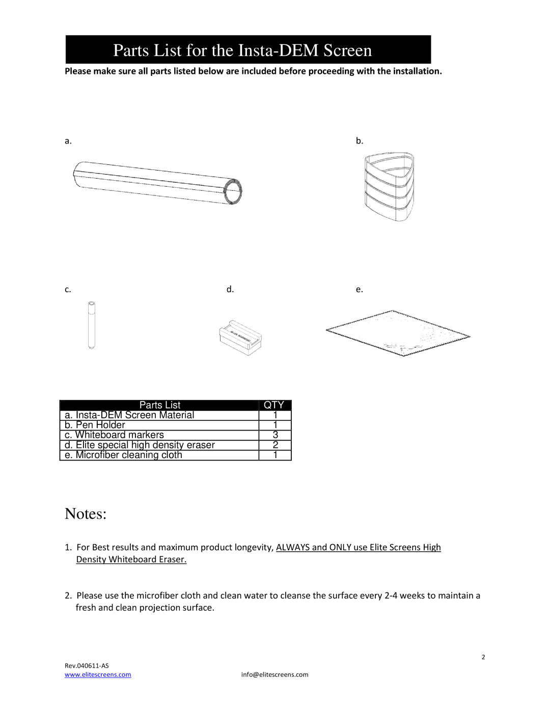 Elite Screens manual Parts List for the Insta-DEM Screen, Qty 