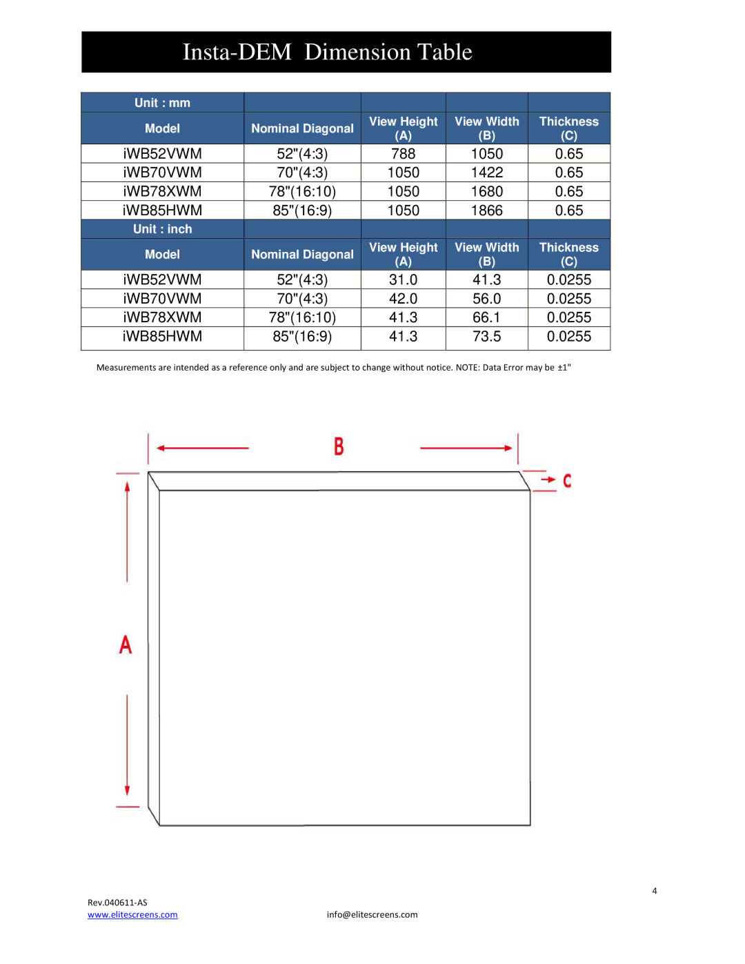 Elite Screens manual Insta-DEM Dimension Table 