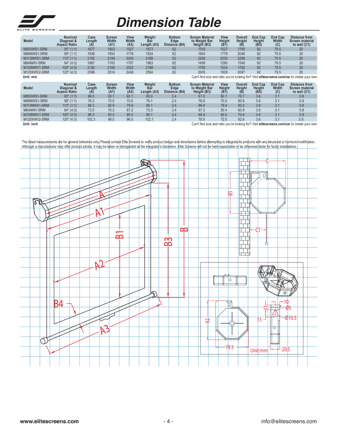 Elite Screens M100NWV1-SRM, M84NWV-SRM, M99NWS1-SRM, M85XWS1-SRM, M120XWV2-SRM, M113NWS1-SRM manual Dimension Table, Unit inch 