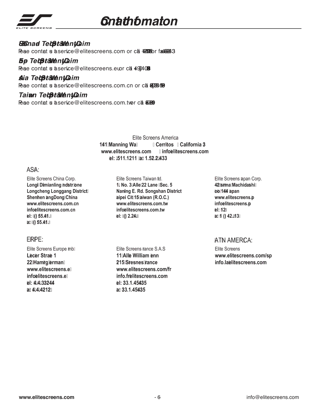 Elite Screens M113NWS1-SRM, M84NWV-SRM, M99NWS1-SRM, M85XWS1-SRM Contact Information, Taiwan Tech Support & Warranty Claim 