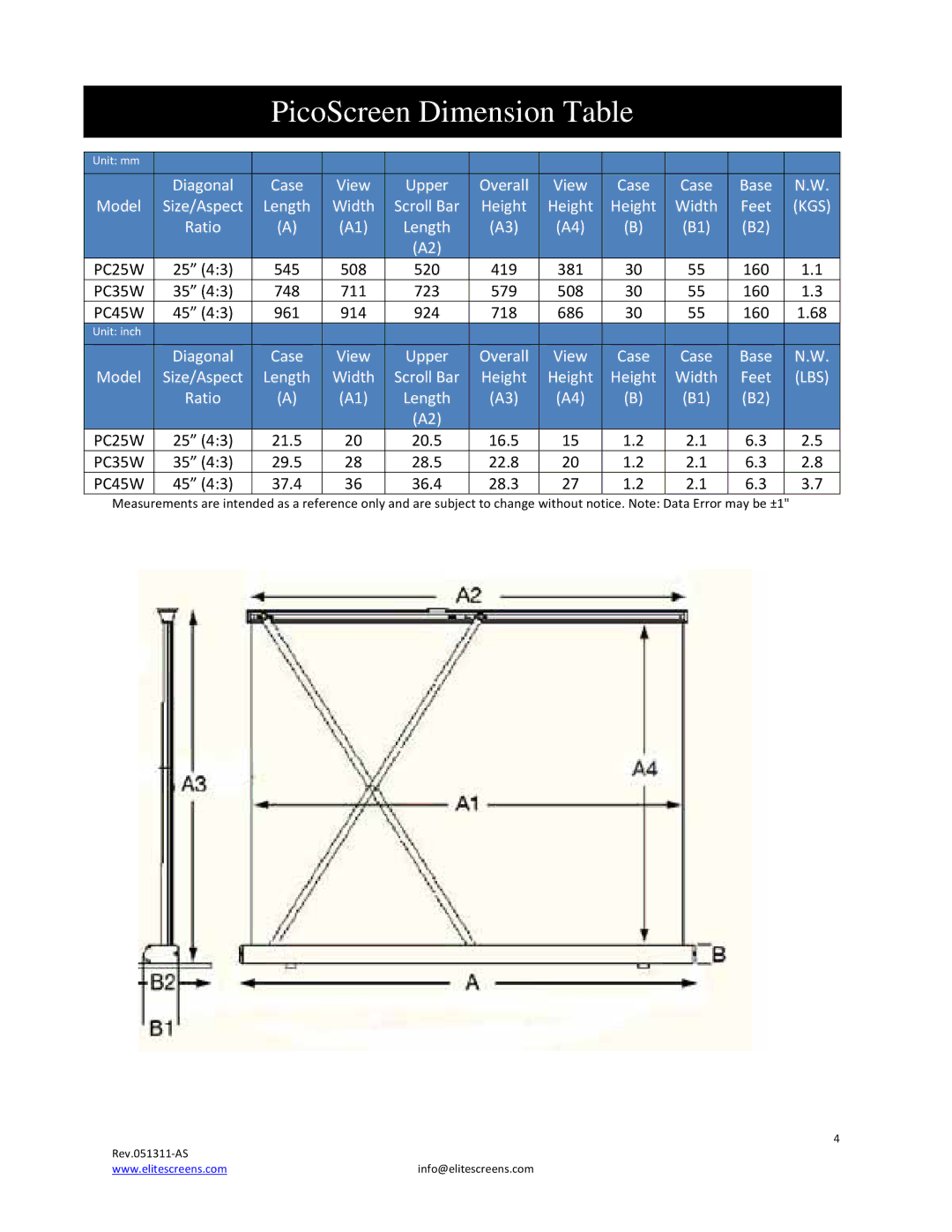 Elite Screens Pico Screen manual PicoScreen Dimension Table 