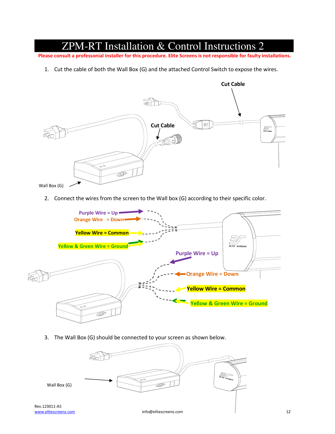 Elite Screens PowerMax manual Orange Wire = Down 