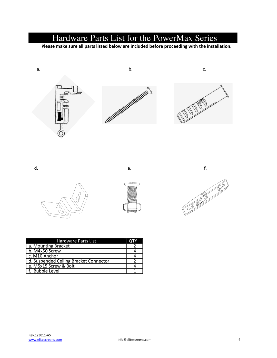 Elite Screens manual Hardware Partts List for the PowerMax Series, Qty 