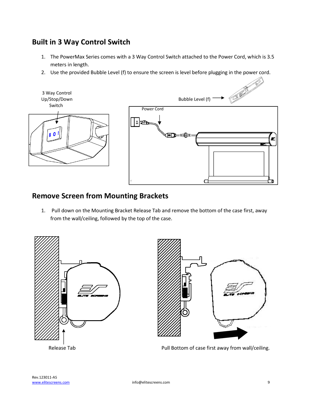 Elite Screens PowerMax manual Built in 3 Way Control Swwitch 