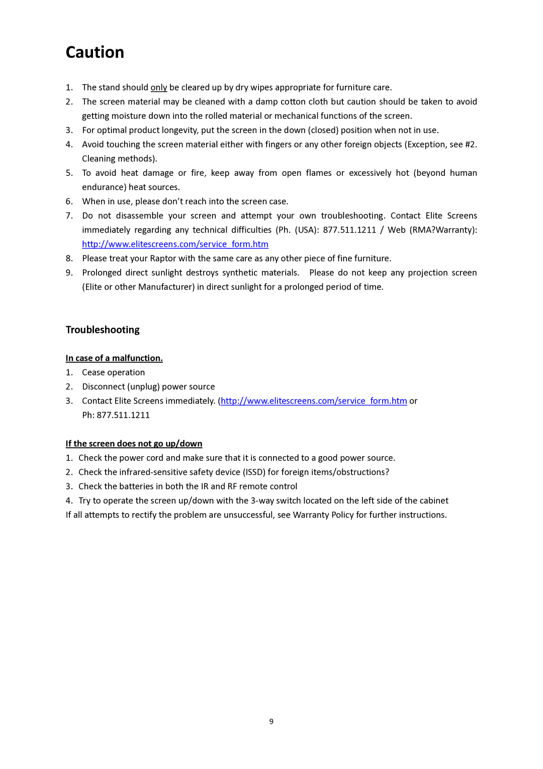 Elite Screens Raptor/Raptor Tension manual Troubleshooting, If the screen does not go up/down 