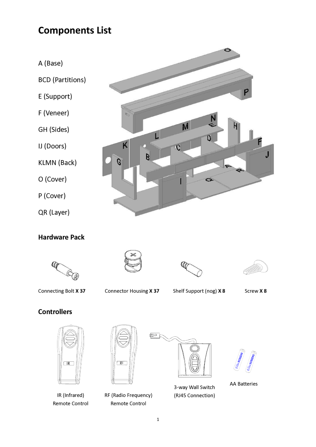 Elite Screens Raptor/Raptor Tension manual Components List 