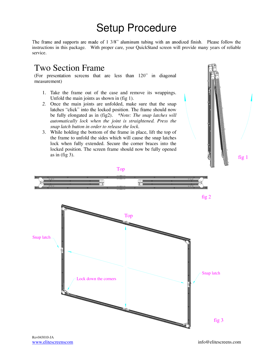 Elite Screens REV043010-JA manual Setup Procedure, Two Section Frame 