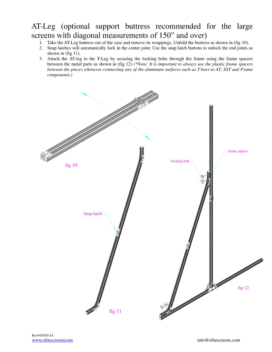 Elite Screens REV043010-JA manual Locking bolt Frame spacer 