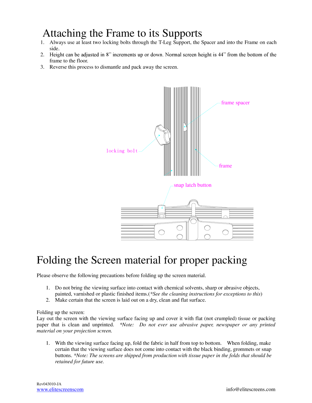 Elite Screens REV043010-JA manual Attaching the Frame to its Supports, Folding the Screen material for proper packing 