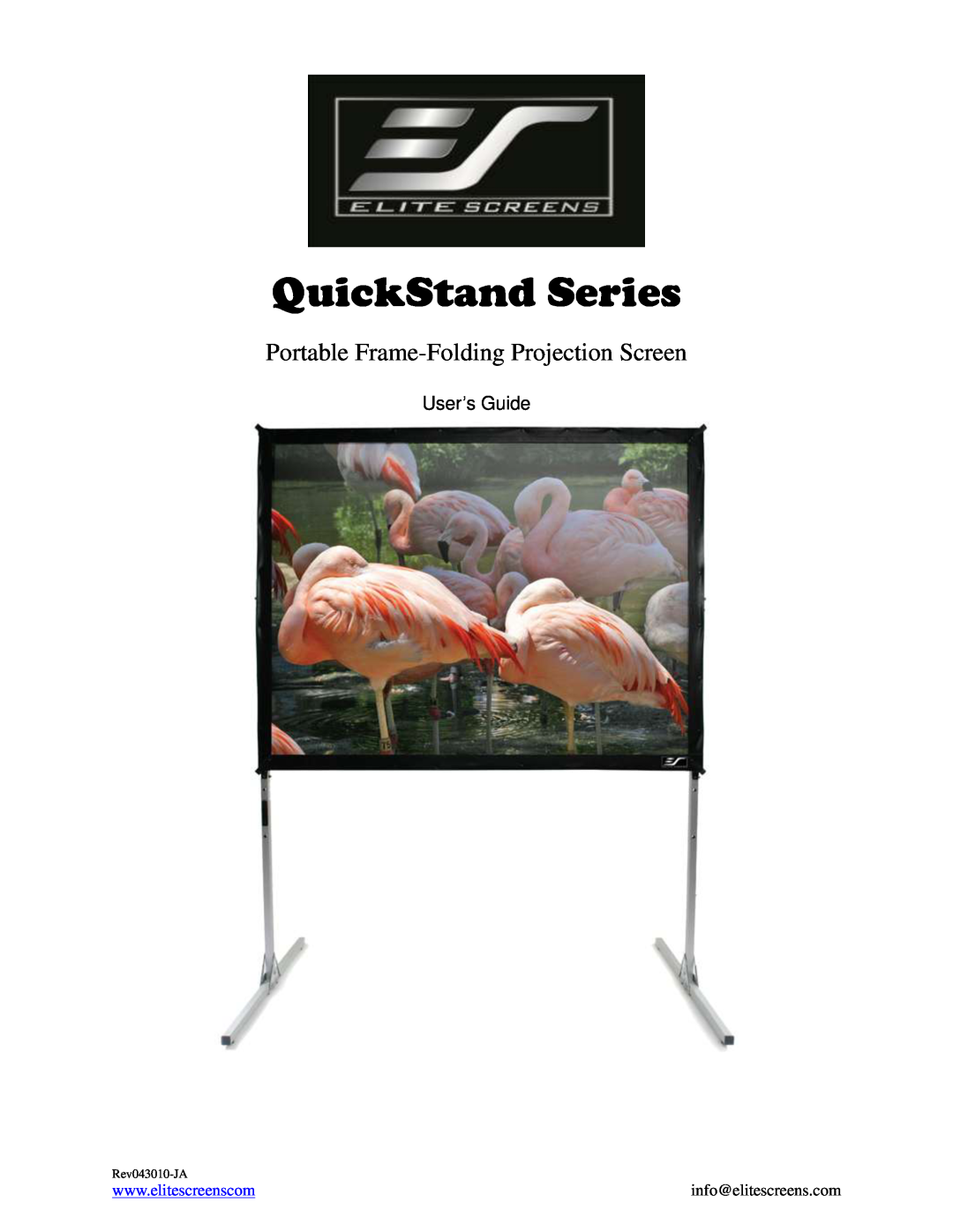 Elite Screens REV043010-JA manual QuickStand Series, Portable Frame-Folding Projection Screen, User’s Guide, Rev043010-JA 