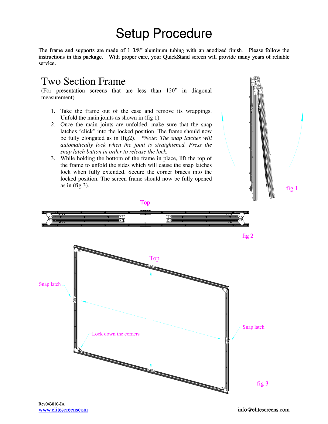 Elite Screens REV043010-JA manual Two Section Frame, Setup Procedure 