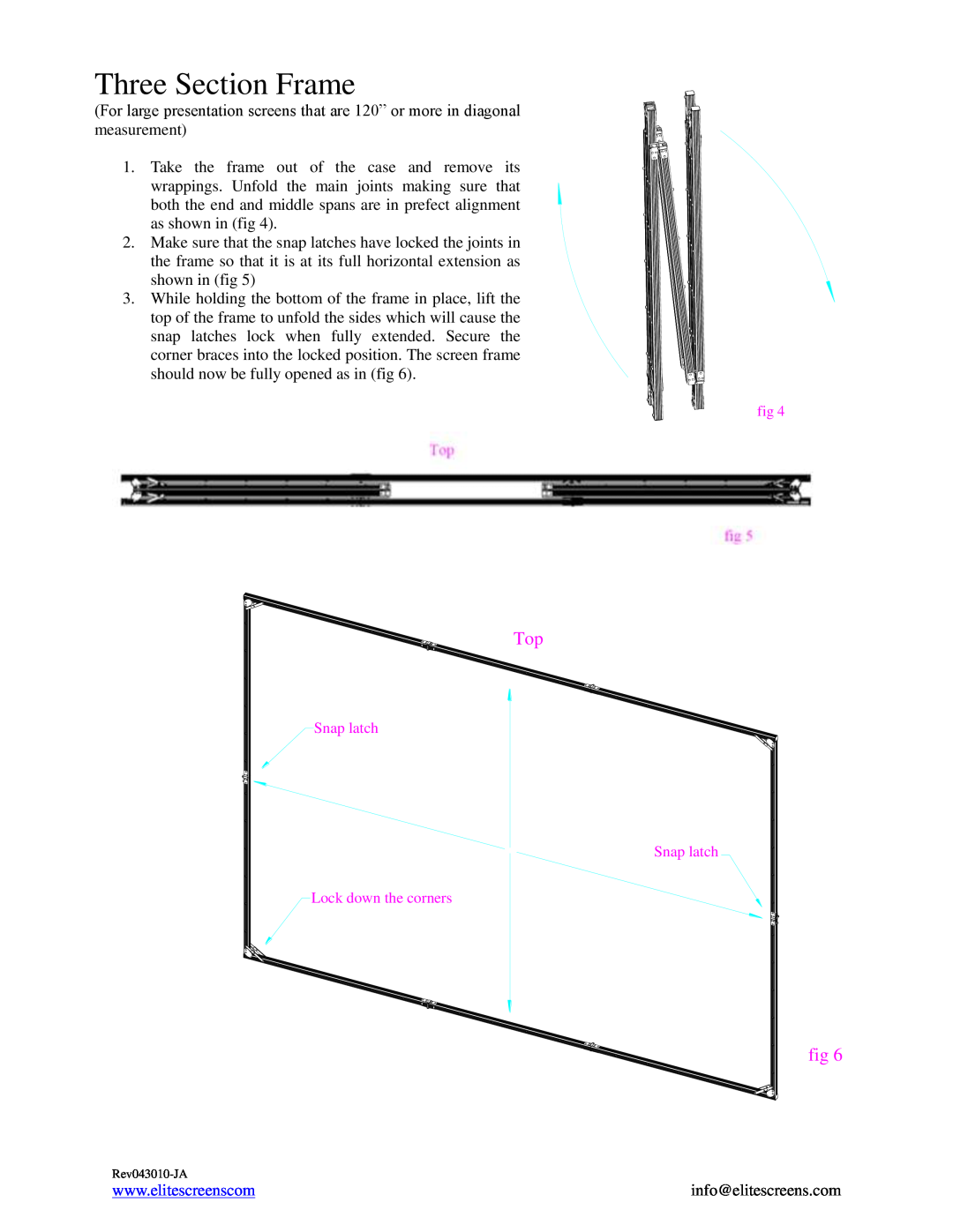 Elite Screens REV043010-JA manual Three Section Frame 