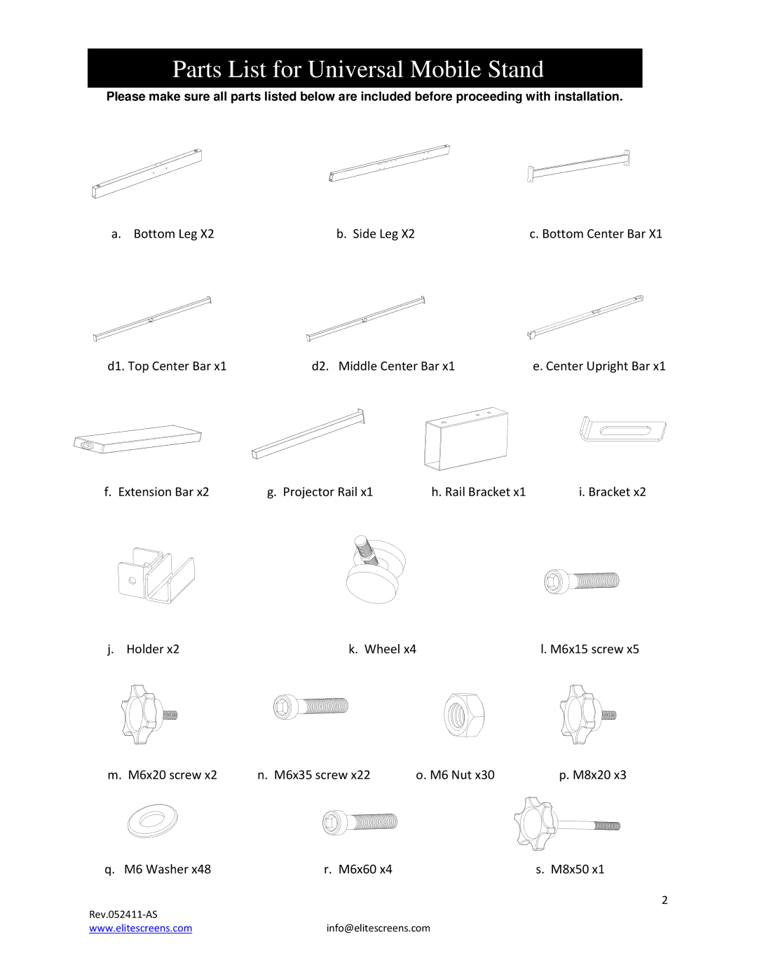 Elite Screens REV.052411AS manual Parts List for Universal Mobile Stand 