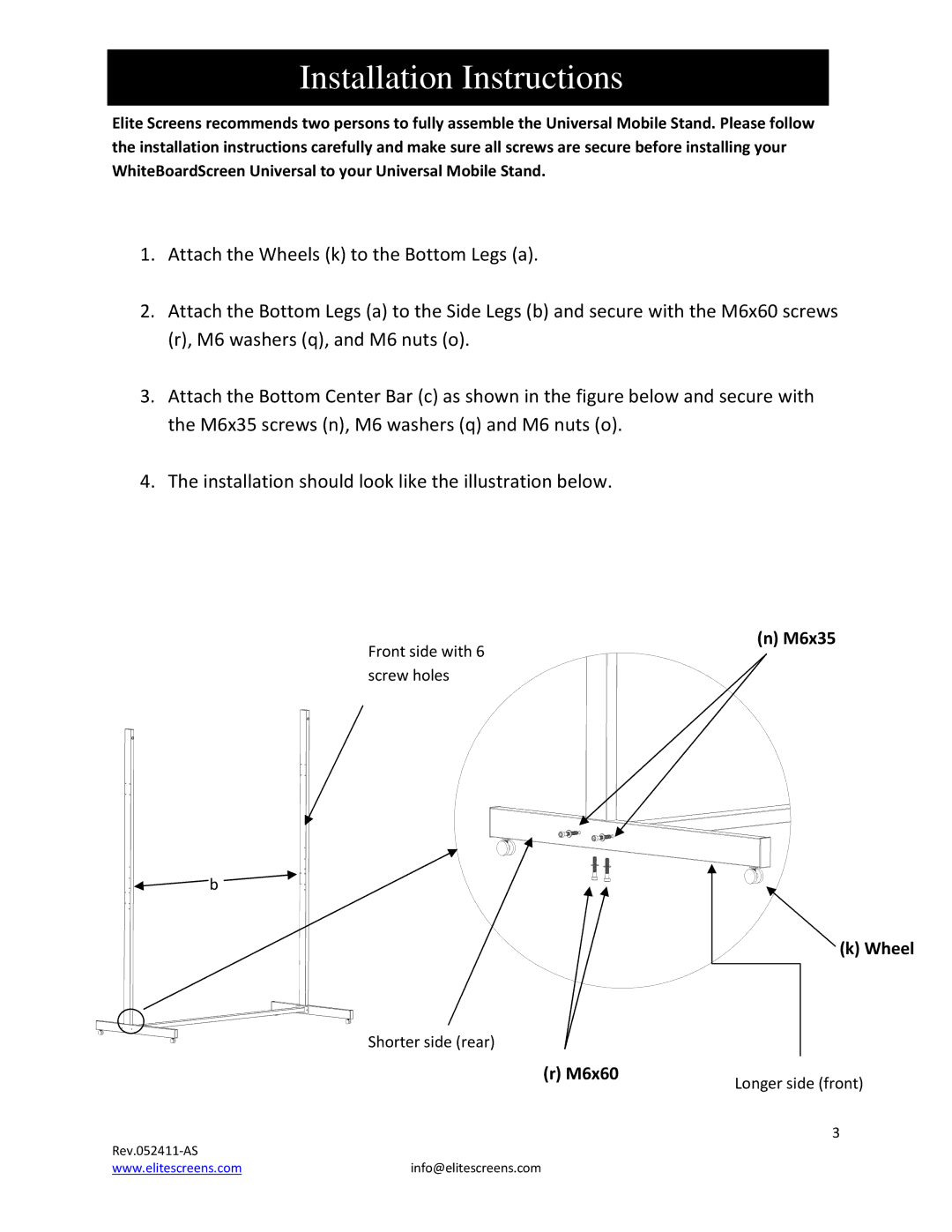 Elite Screens REV.052411AS manual Installation Instructions 