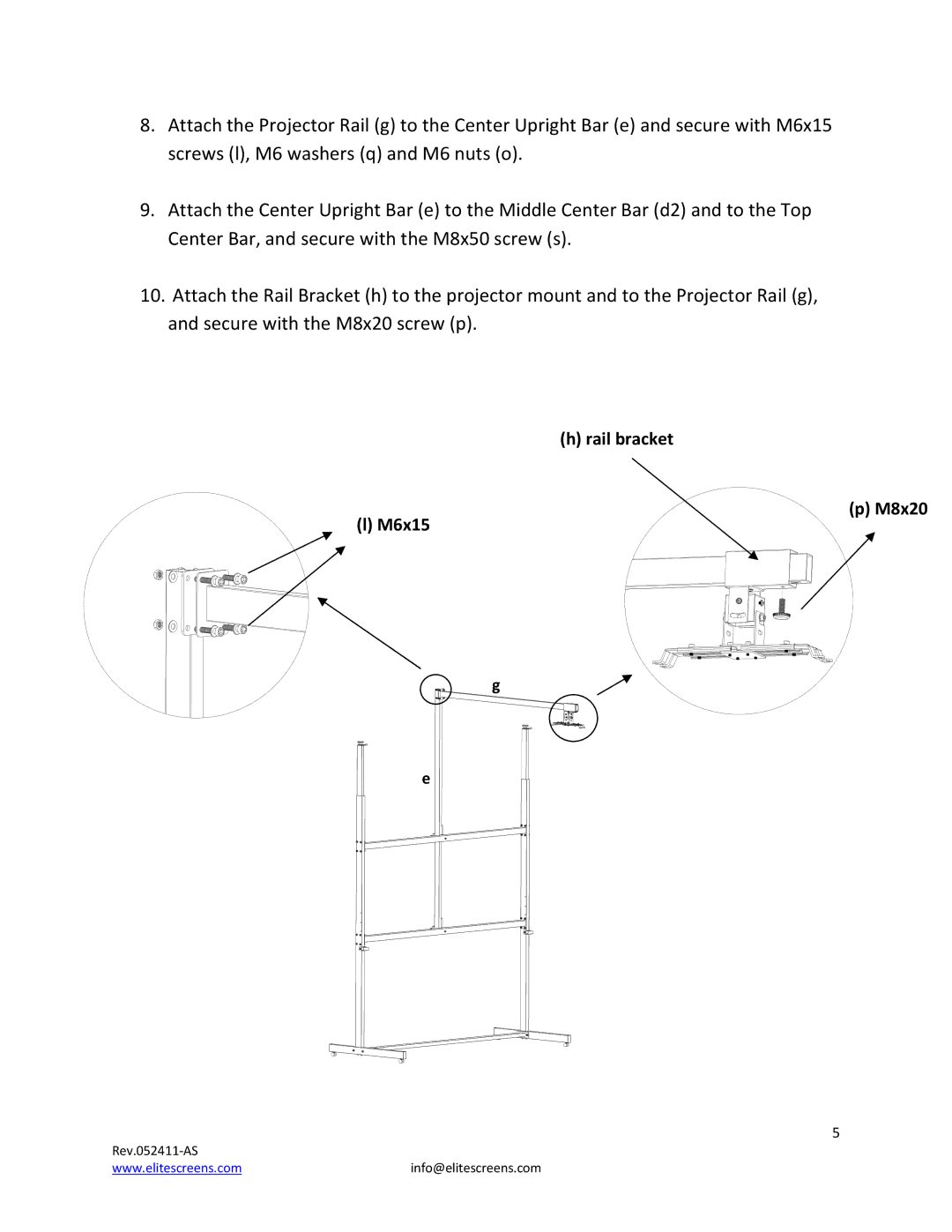 Elite Screens REV.052411AS manual Rail bracket M8x20 M6x15 