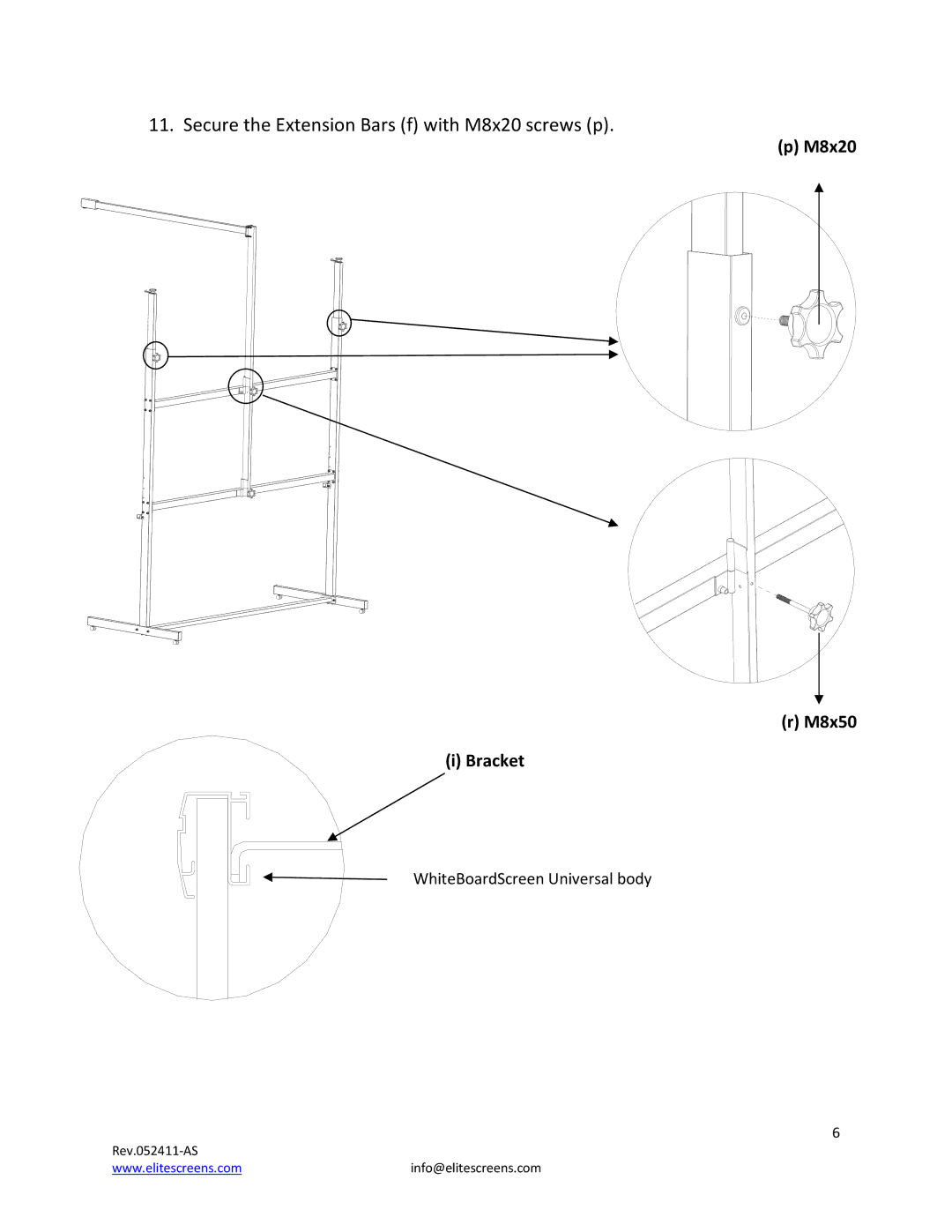 Elite Screens REV.052411AS manual Secure the Extension Bars f with M8x20 screws p 