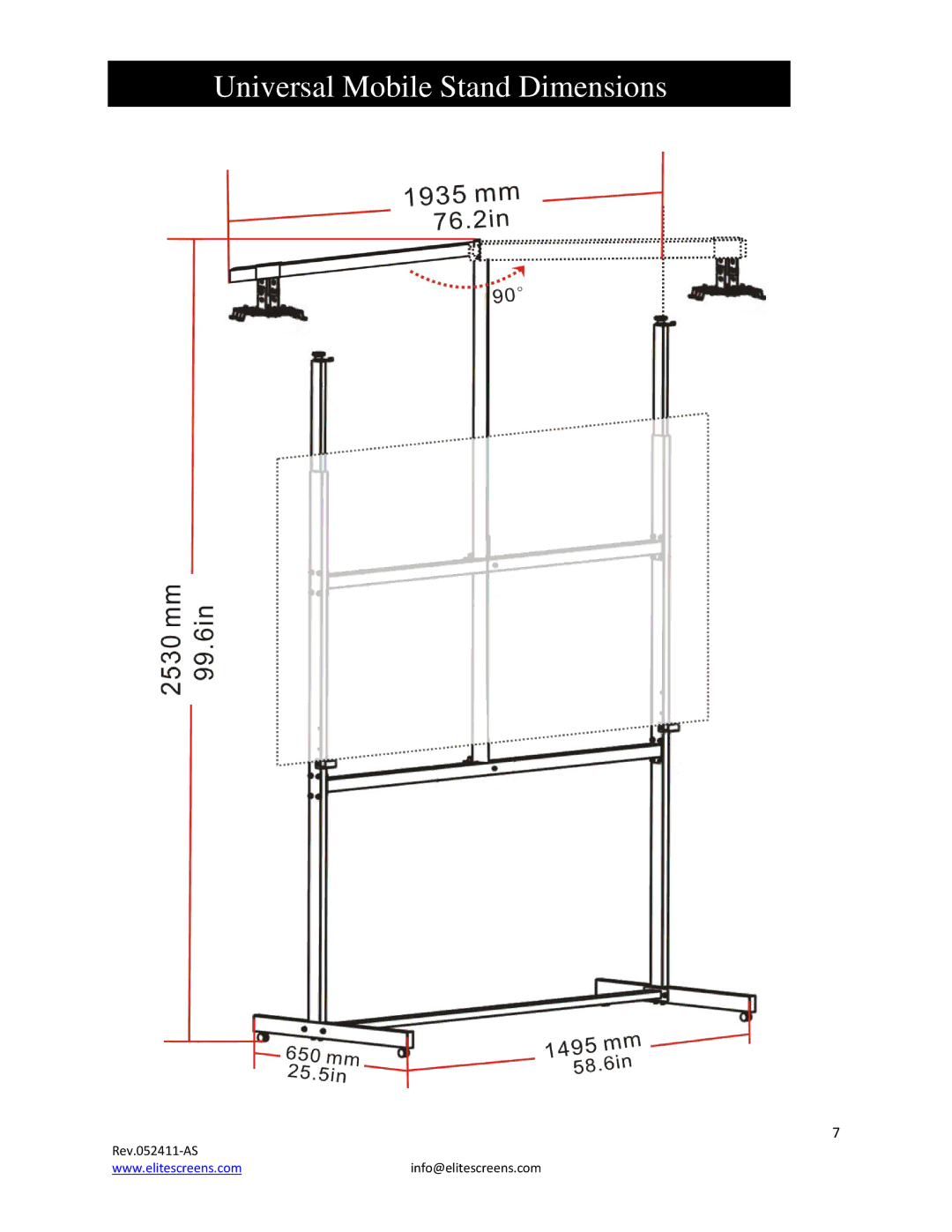 Elite Screens REV.052411AS manual Universal Mobile Stand Dimensions 