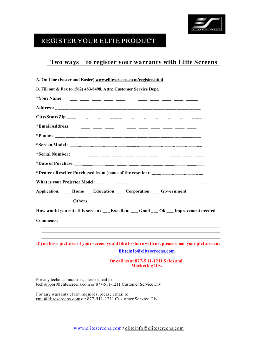 Elite Screens Spectrum, VMAX (PLUS) SERIES manual Two ways to register your warranty with Elite Screens 