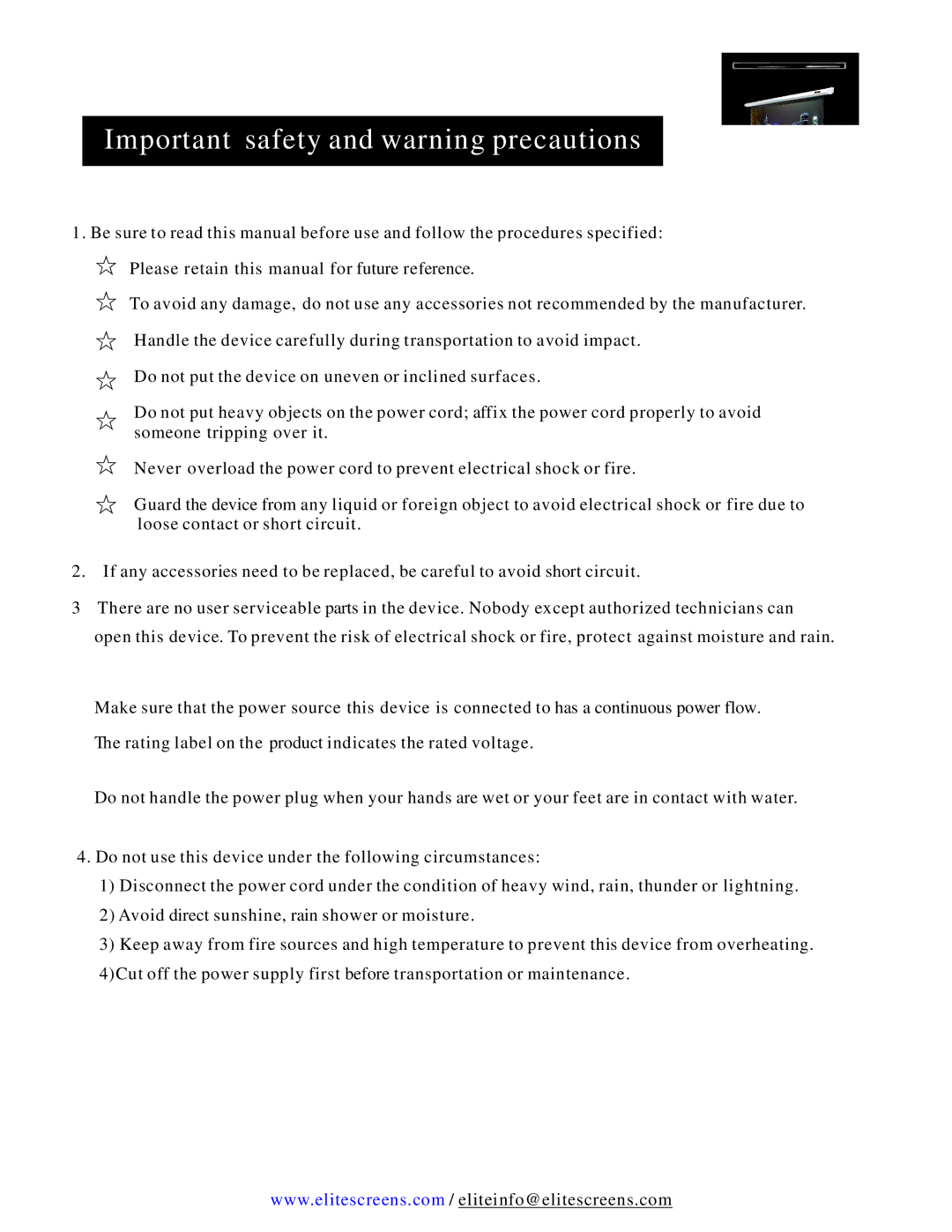 Elite Screens Spectrum, VMAX (PLUS) SERIES manual Important safety and warning precautions 