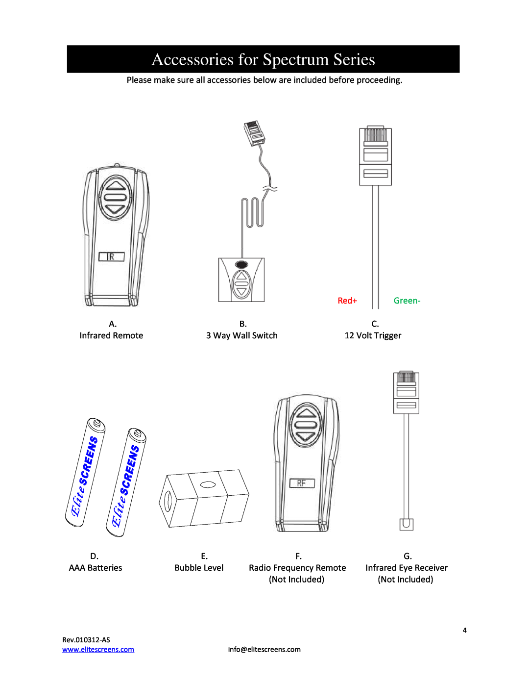 Elite Screens manual Accessories for Spectrum Series, Red+, Green, AAA Batteries, Rev.010312-AS 