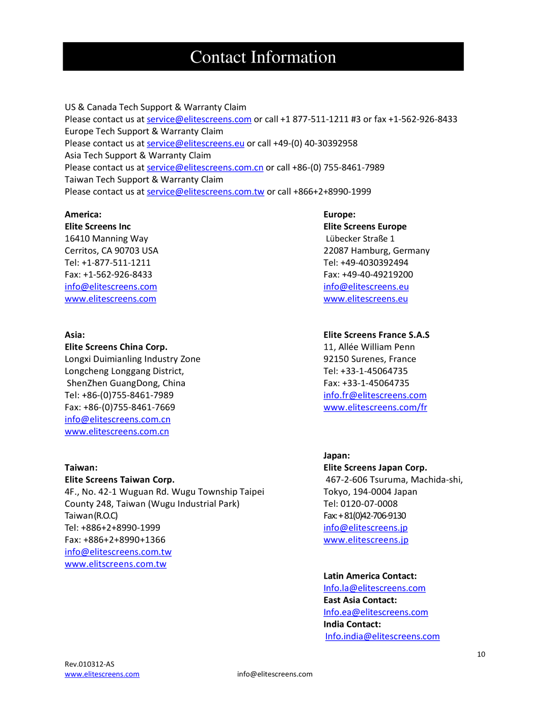 Elite Screens Spectrum manual Contact Information, Info@elitescreens.com Info@elitescreens.eu 