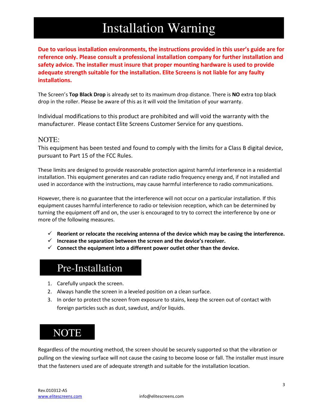 Elite Screens Spectrum manual Installation Warning, Pre-Installation 