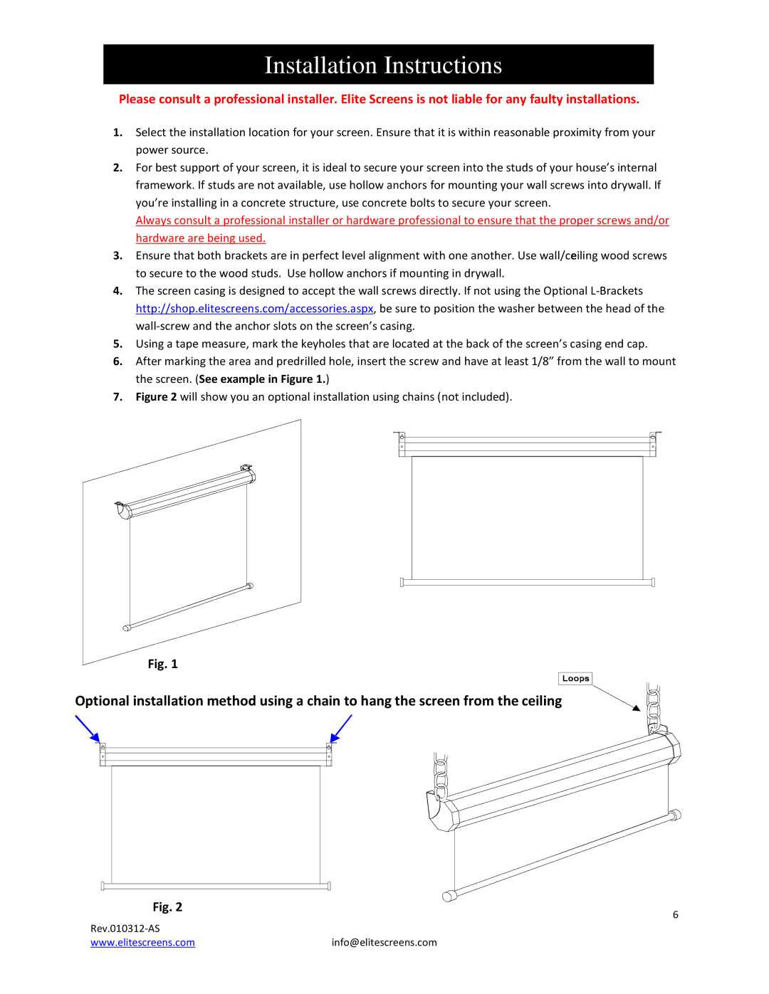 Elite Screens Spectrum manual Installation Instructions 