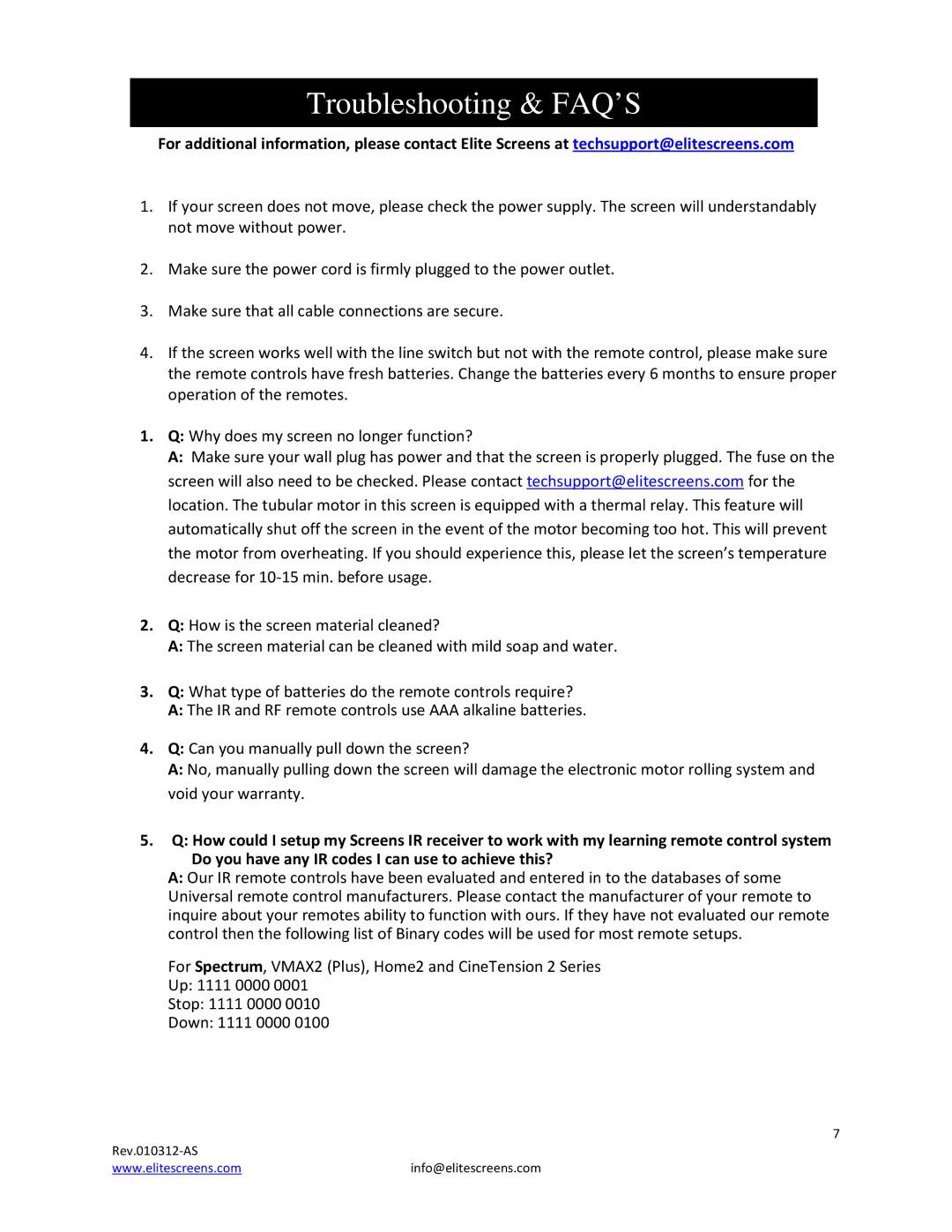 Elite Screens Spectrum manual Troubleshooting & FAQ’S 