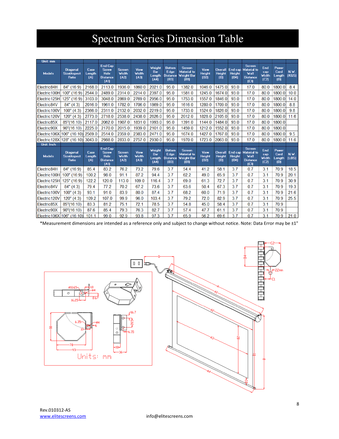 Elite Screens manual Spectrum Series Dimension Table 