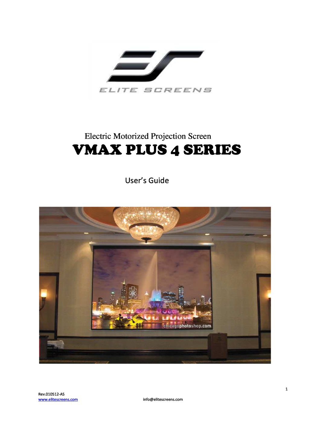 Elite Screens Vmax Plus 4 manual VMAX PLUS 4 SERIES, Electric Motorized Projection Screen, User’s Guide, Rev.010512-AS 
