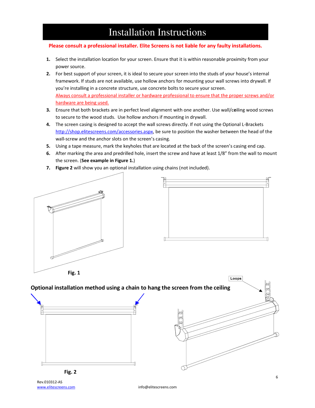 Elite Screens VMAX2 manual Installation Instructions 