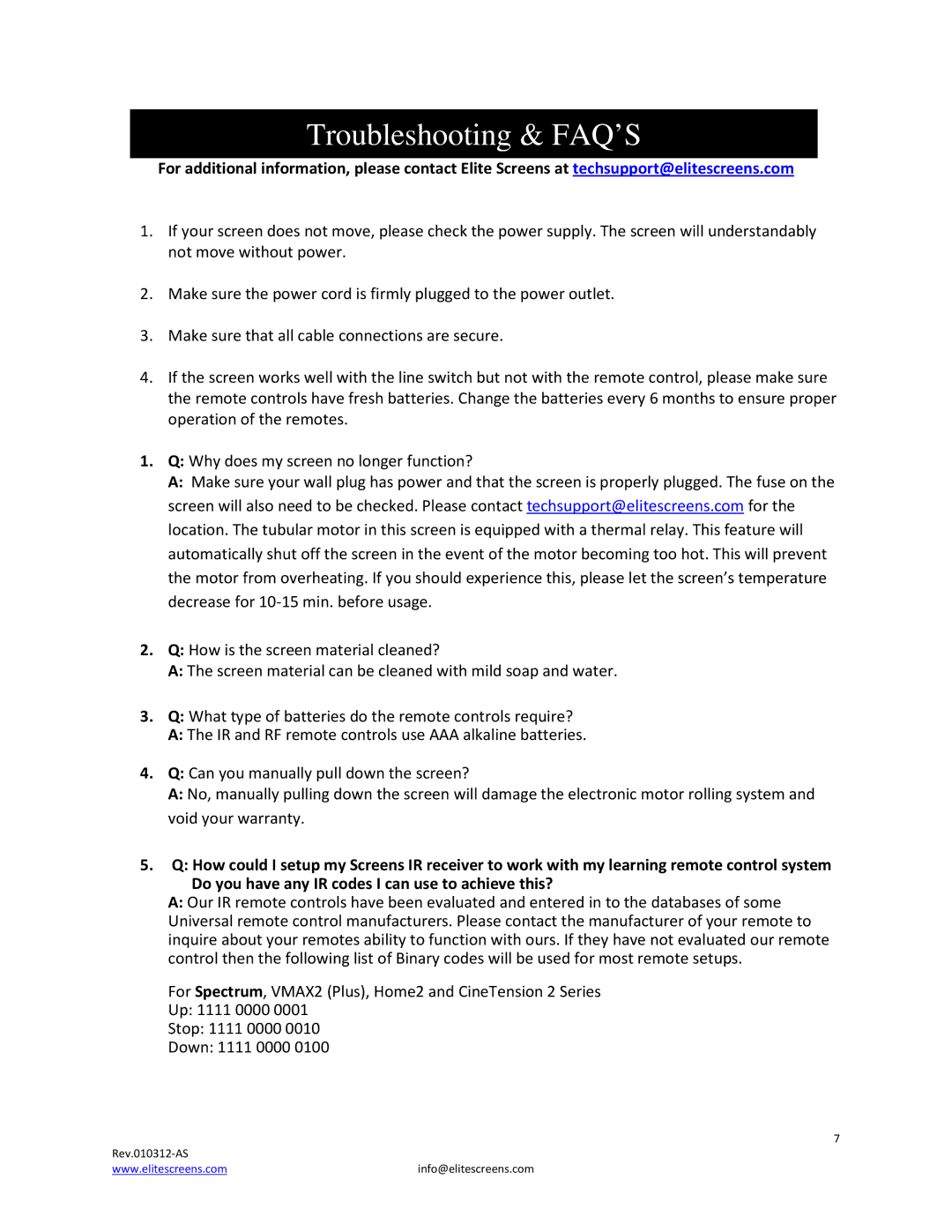Elite Screens VMAX2 manual Troubleshooting & FAQ’S 